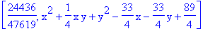 [24436/47619, x^2+1/4*x*y+y^2-33/4*x-33/4*y+89/4]